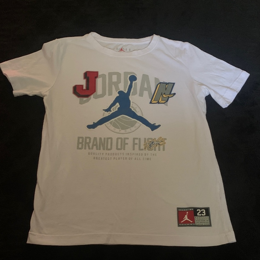 Jordan White Short Sleeve Tee with Blue Jumpman and Red Accents